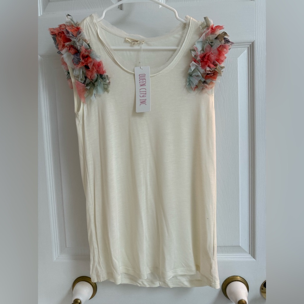 Cream Floral Accent Women's Top by Mystree- S